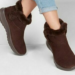 SKECHERS Goga Mat Suede Bootie Faux Fur Lined Air Cooled Cabincore Brown Size 8